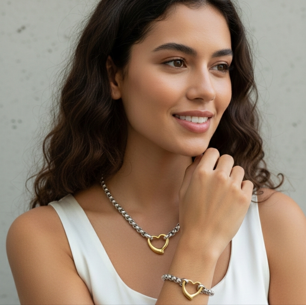 Stainless Steel Gold and Silver Heart Necklace and Bracelet Set